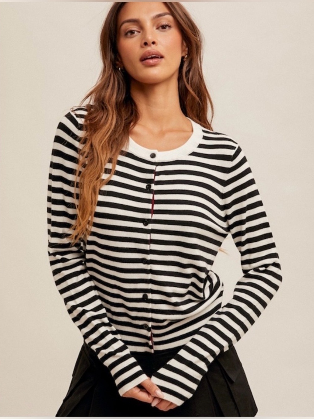 Hem & Thread Black White Striped Light Weight Work Office Fall Vacation Cardigan